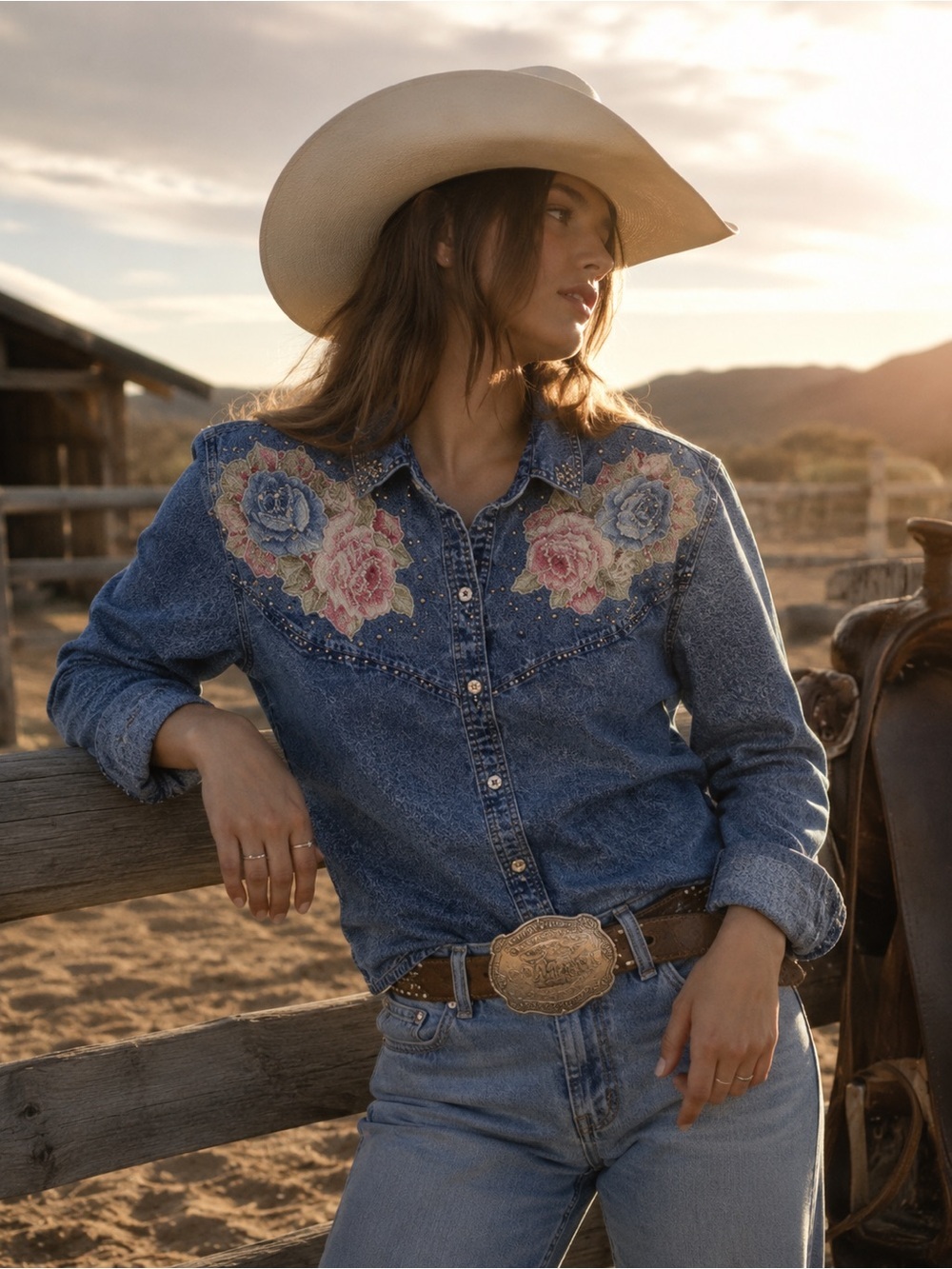 Vintage 80s Tarado western Rodeo Blue Denim acid wash button down medium